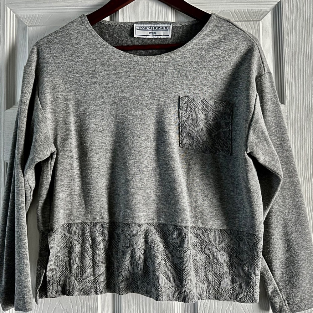 Jessica Howard Women's Long Sleeve Gray Lace Layered Pocket Top Size M EUC